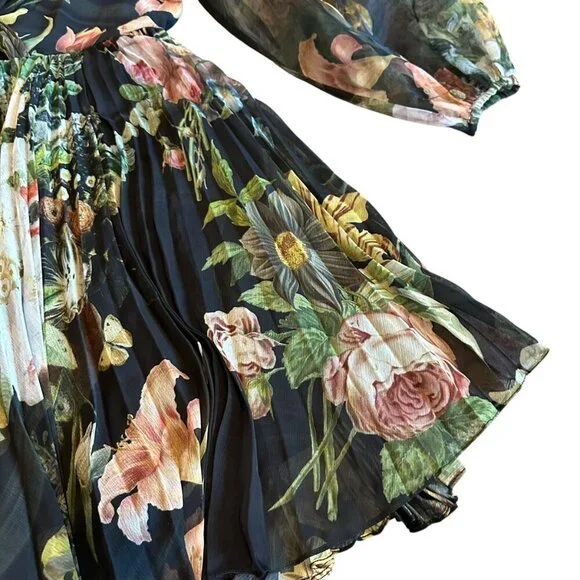 Pankaj & Nidhi Anthro Chiffon Floral Print Dress Long Sleeve Pleated Size Medium - Picture 8 of 16